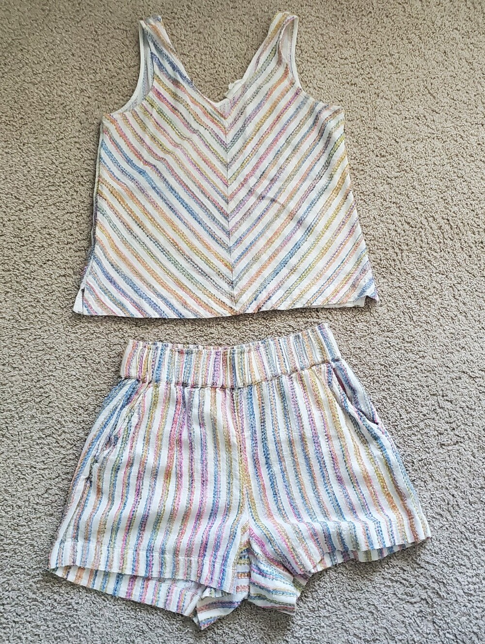 Lou & Grey Rainbow Striped Multicolor V-Neck Tank and Shorts Set Pastel Size M - Picture 2 of 13